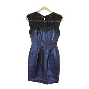 Yoana Baraschi Shimmery Blue Taffeta Pleated Cocktail Dress Lace Trim Women's 2